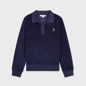 Sporty & Rich SRC Velour Polo Navy V Neck Blouse Top Long Sleeve Retail $140.00